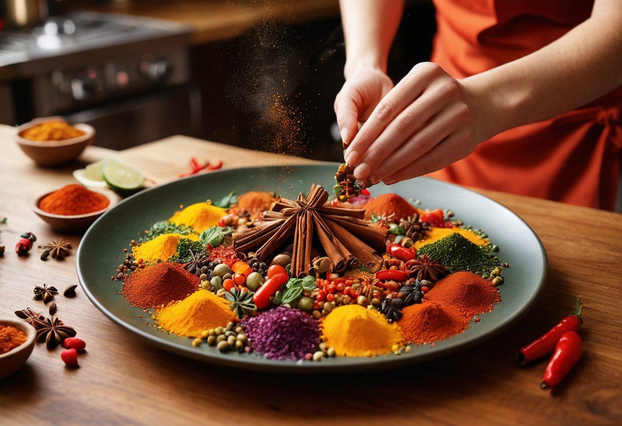 A beautifully arranged gourmet dish featuring vibrant spices scattered artfully around, with rich colors and textures highlighting the emotional connection in culinary experiences. Include a chef's hand thoughtfully sprinkling spices onto the dish, evoking a sense of passion and creativity. The background should have a warm, inviting kitchen ambiance with soft lighting, enhancing the emotional rich experience of cooking. super-realistic. vibrant colors.