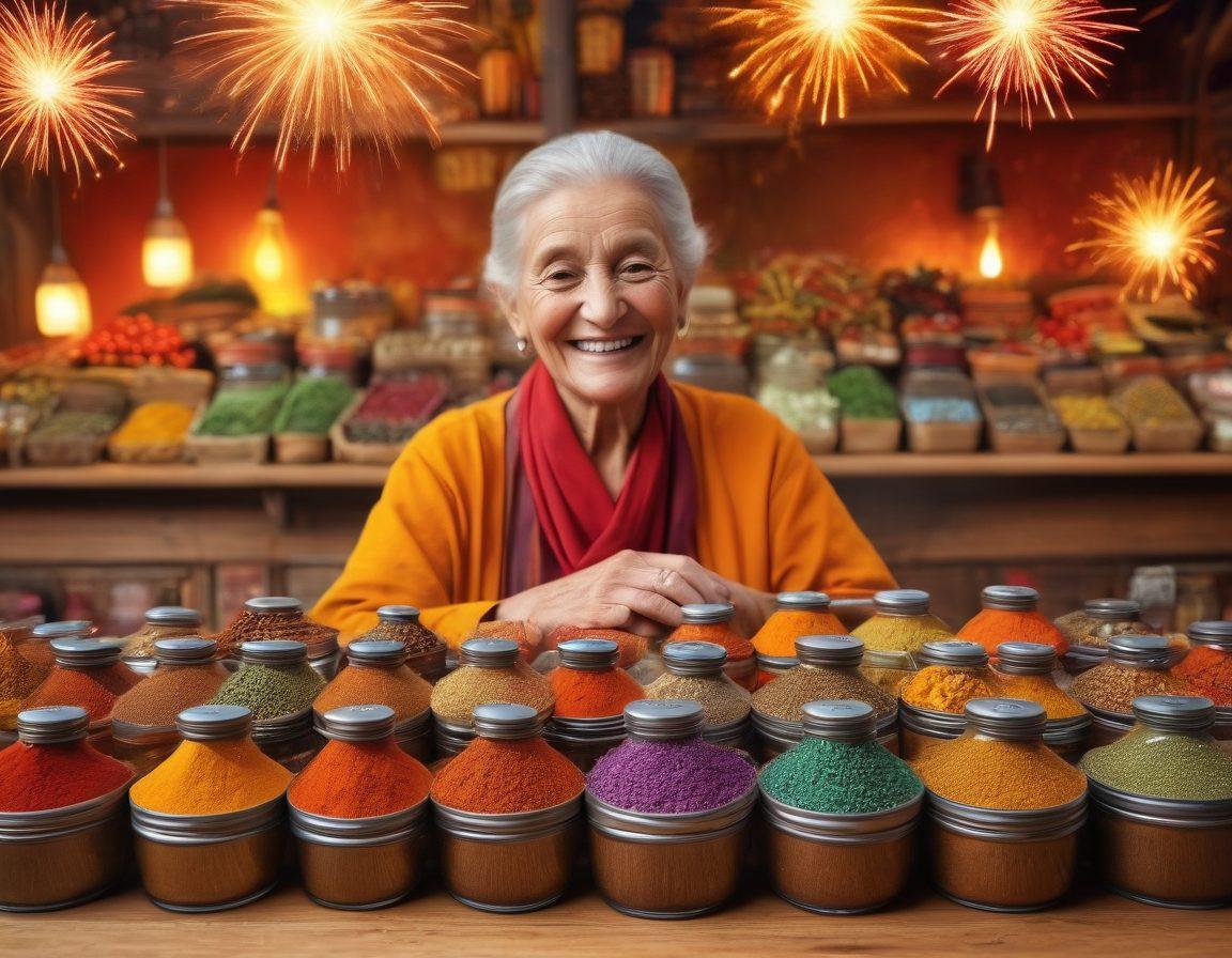 A vibrant spice market filled with an array of unique seasonings, colorful jars and spices spilling out onto wooden tables, an elderly vendor smiling while showcasing exotic herbs, a close-up of lively spices resembling fireworks of color in the background, a warm, inviting atmosphere that radiates zest and flavor. super-realistic. vibrant colors. 3D.