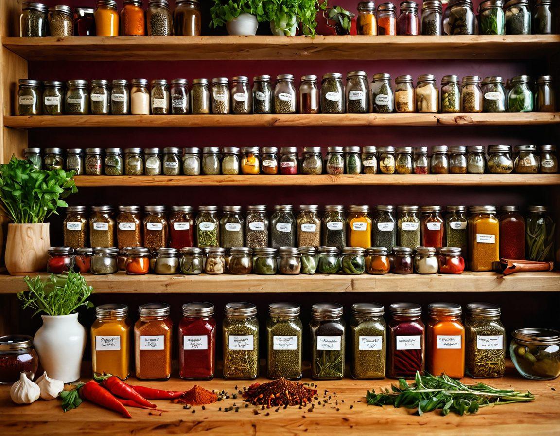 A vibrant kitchen scene showcasing an array of colorful spice jars, each with intricate labels, surrounded by fresh herbs, vegetables, and cooking utensils. A chef passionately creating a dish with spices scattered around, the background filled with warm light and a wooden countertop. The image should evoke feelings of inspiration and creativity in cooking. super-realistic. vibrant colors. warm lighting.